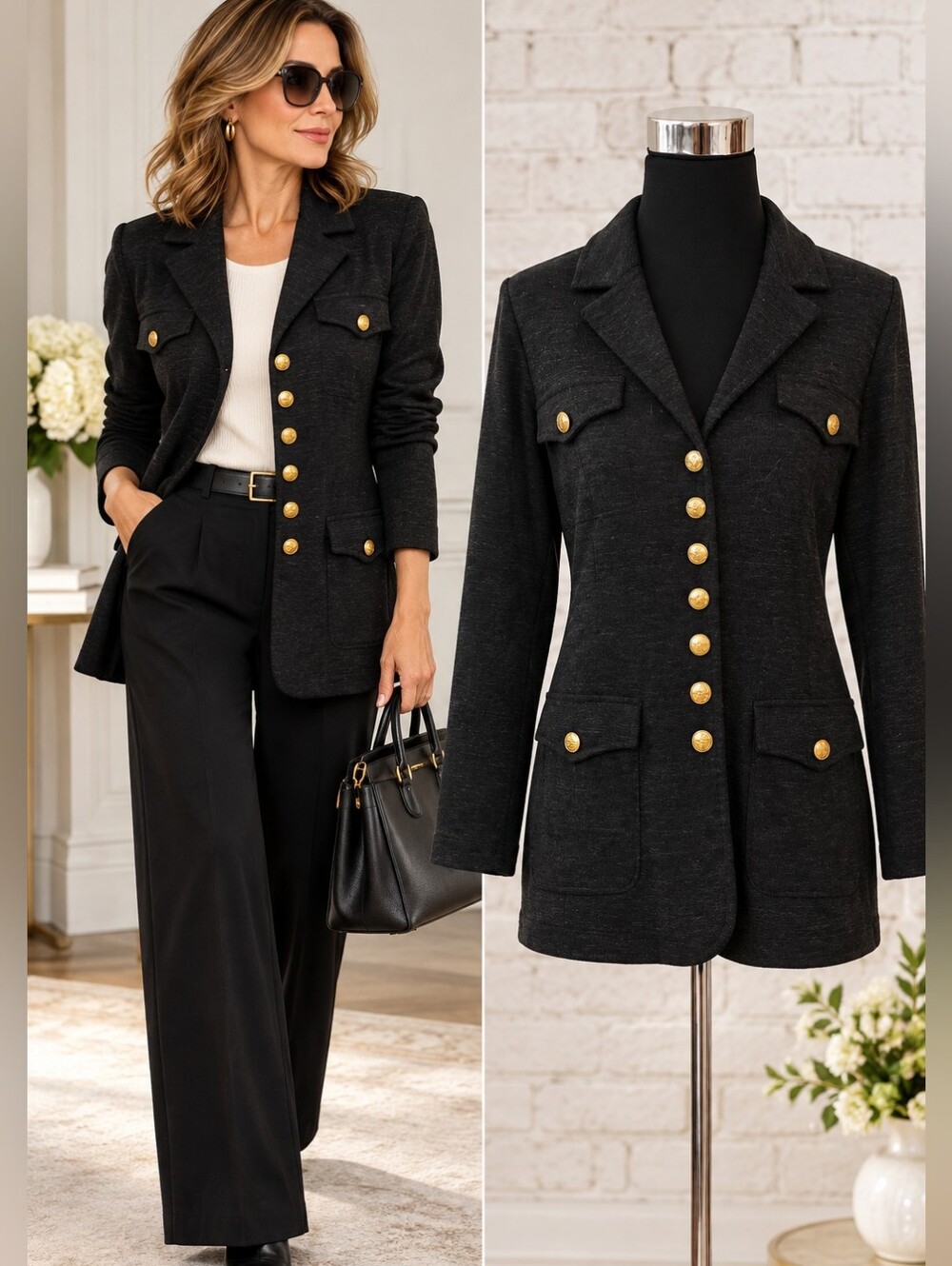 ESCALES Paris Charcoal Gray Blazer Gold Buttons French Fashion